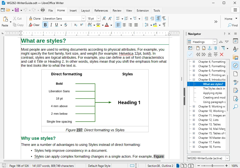 Интерфейс LibreOffice Writer: документ о стилях и панель навигации по разделам